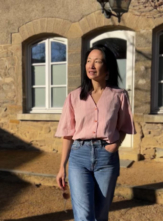 Coupon broderie Iris rose poudré (80 cm)