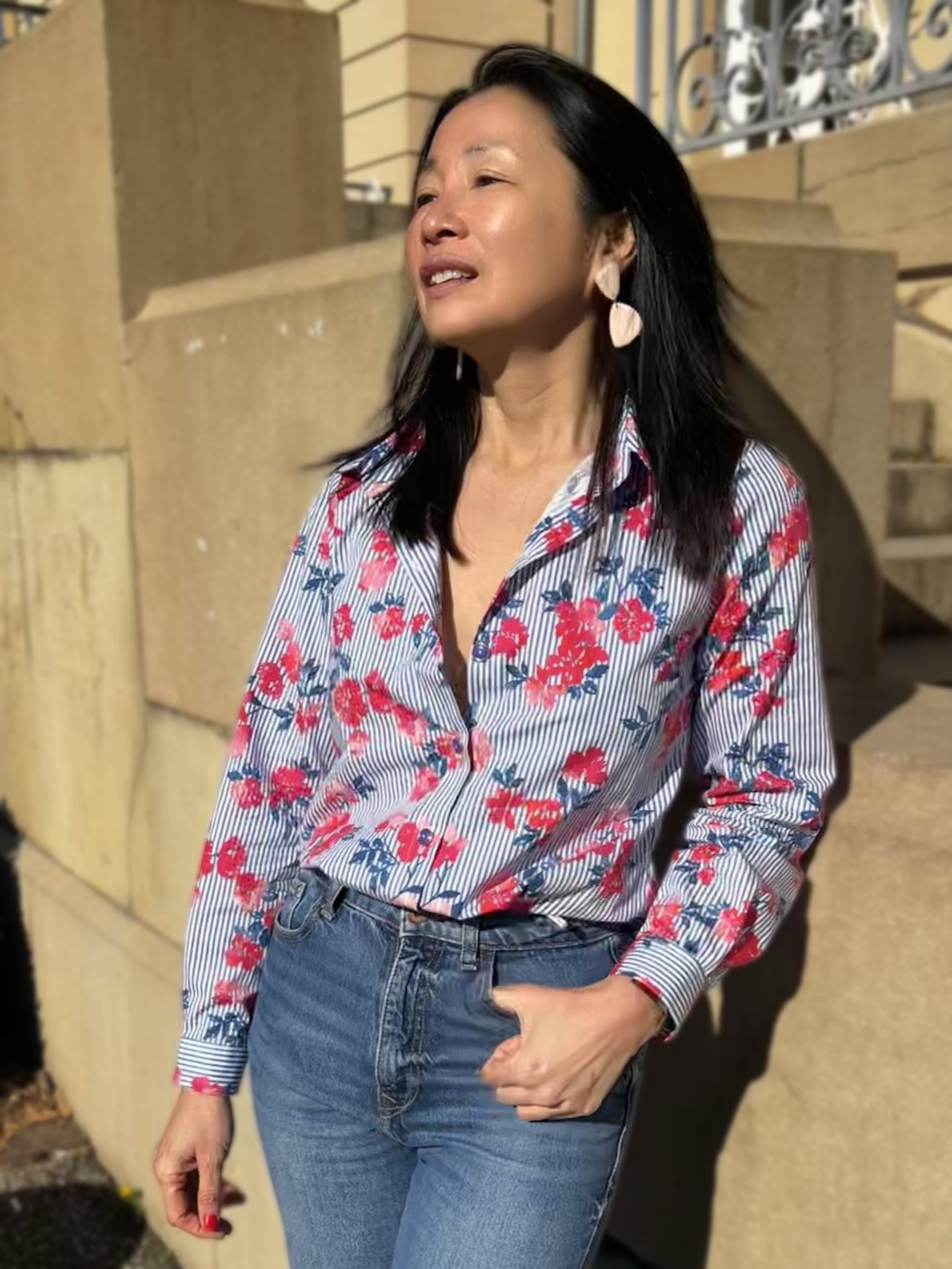 MY DRESS MADE TISSU COTON RAYURES BLEUES FLEURS PATRON COUTURE CHEMISE JANE MADE IN FRANCE 2